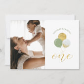 ゴールド＆セージ風船 | 男の子の1歳誕生日パーティー 招待状 (正面)