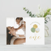 ゴールド＆セージ風船 | 男の子の1歳誕生日パーティー 招待状 (スタンド正面)