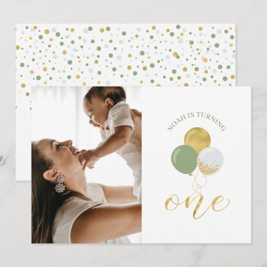 ゴールド＆セージ風船 | 男の子の1歳誕生日パーティー 招待状 (正面/裏面)