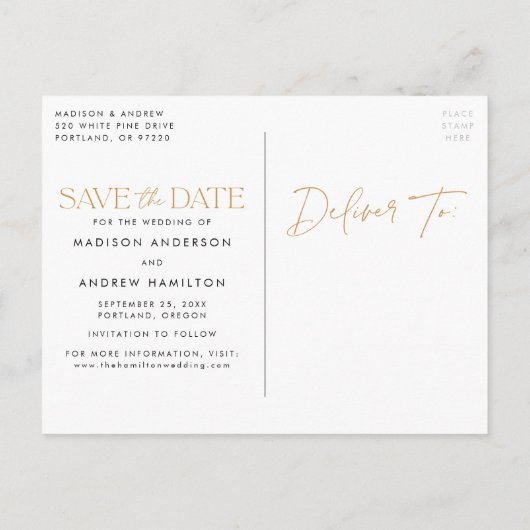 ゴールド |タイポグラフィモダン写真の日付を保存 案内ポストカード (裏面)