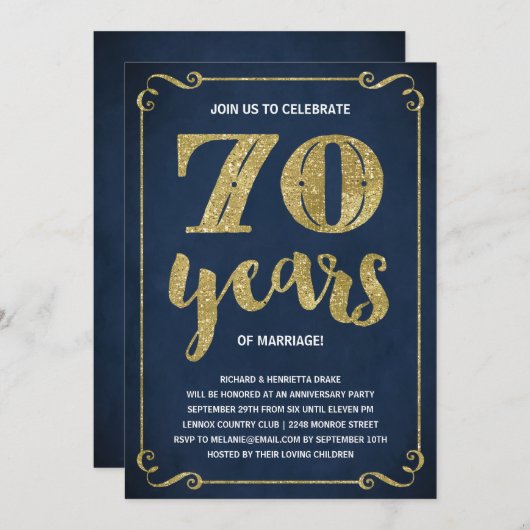 ゴールド タイポグラフィー | フェイク フォイル 70周年 招待状 (正面/裏面)