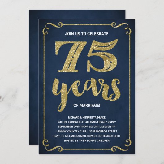 ゴールド タイポグラフィー | フェイク フォイル 75周年 招待状 (正面/裏面)