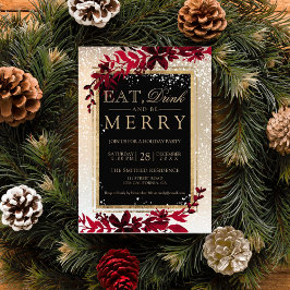 ゴールド タイポグラフィー 葉 雪 赤 食べる クリスマス 招待状