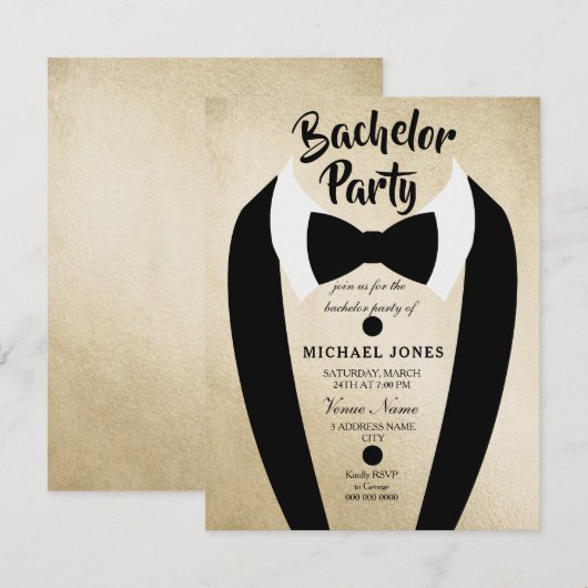 ゴールド タキシード ボウ タイ バチェラー パーティー 招待状 (正面/裏面)