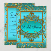 ゴールド&ターコイズ フラワー ダマスク ウェディングシャワー 招待状 (正面/裏面)