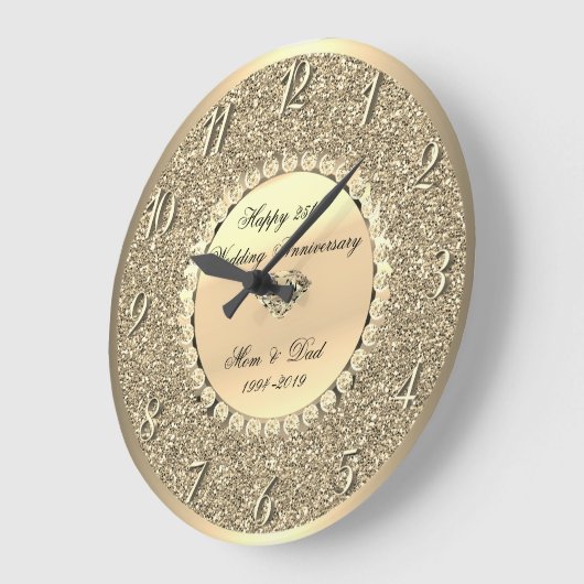 ゴールド ダイヤモンド, グリッター 25周年記念 結婚式 ラージ壁時計 (傾斜)