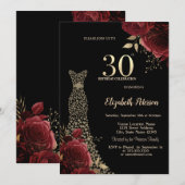 ゴールド ダイヤモンド ドレス 赤いバラ 黒の30歳の誕生日 招待状 (正面/裏面)