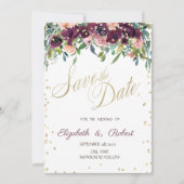 ゴールド ダイヤモンド ワインレッド フラワー セーブ・ザ・デート (正面)