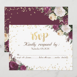 ゴールド ダイヤモンド ワインレッド 花柄 RSVP 招待状