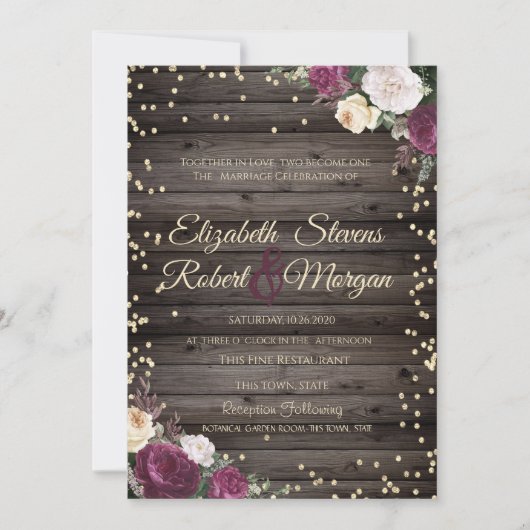 ゴールド ダイヤモンド ワインレッド 花 木 招待状 (正面)