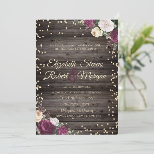 ゴールド ダイヤモンド ワインレッド 花 木 招待状 (スタンド正面)