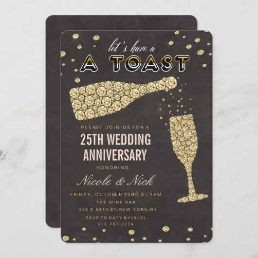 ゴールド ダイヤモンド ワイン グラス アニバーサリー 招待状 (正面/裏面)