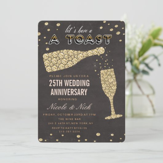 ゴールド ダイヤモンド ワイン グラス 結婚記念日 招待状 (スタンド正面)