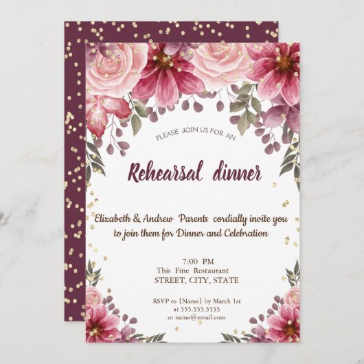 ゴールド ダイヤモンド 花模様 ワインレッドのリハーサルディナー 招待状 (正面/裏面)