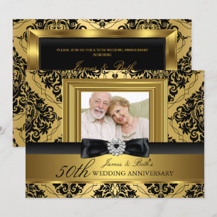 ゴールド ダマスク ボウ フォト 50周年 結婚記念日 2 招待状