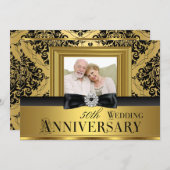 ゴールド ダマスク ボウ フォト 50周年 結婚記念日 3 招待状 (正面/裏面)