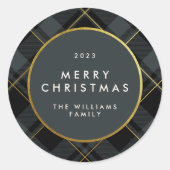 ゴールド & ダークグリーン タルタン プリント メリークリスマス ラウンドシール (正面)