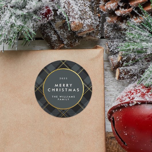 ゴールド & ダークグリーン タルタン プリント メリークリスマス ラウンドシール