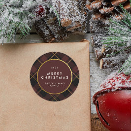 ゴールド＆ダークレッドタータン柄 メリークリスマス ラウンドシール