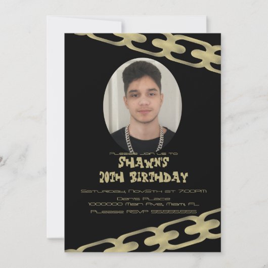 ゴールド チェーン 大人 誕生日 パーティー 写真 招待状 (正面)