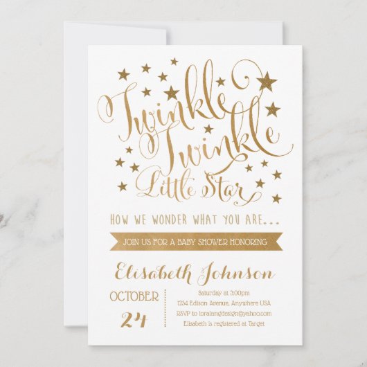 ゴールド ツインクル ツインクル リトル スター ベビーシャワー 招待状 (正面)
