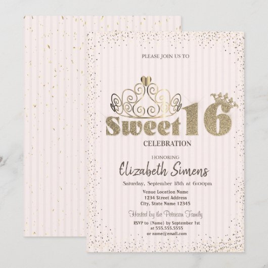 ゴールド ティアラ コンフェッティ プリンセス ストライプ スイート 16 招待状 (正面/裏面)