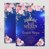 ゴールド　ティアラ　ダイヤモンド　花　青　スウィート16 招待状 (正面/裏面)