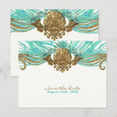 ゴールド & ティール シーシェル グラム ビーチ セーブ・ザ・デート 案内ポストカード (正面/裏面)