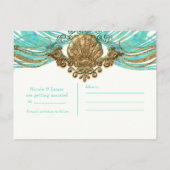 ゴールド & ティール シーシェル グラム ビーチ セーブ・ザ・デート 案内ポストカード (裏面)