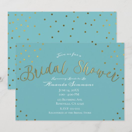 ゴールド & ティール ターコイズ モダン グラム ブライダル シャワー 招待状 (正面/裏面)