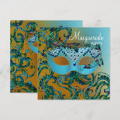 ゴールド ティール ブルー マスカレード パーティー 招待状 (正面/裏面)