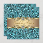 ゴールド ティール ブルー 誕生日パーティーの招待状 招待状 (正面/裏面)