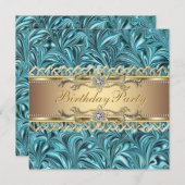 ゴールド ティール ブルー 誕生日パーティー 招待状 (正面/裏面)