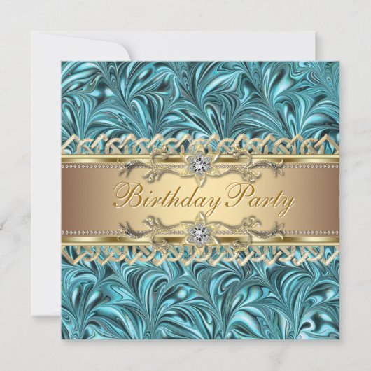 ゴールド ティール ブルー 誕生日パーティー 招待状 (正面)
