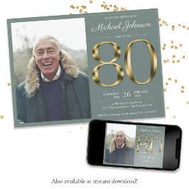 ゴールド テキスト セージ グリーン クラシック フォト 80歳の誕生日 招待状