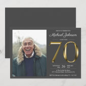 ゴールド テキスト ダーク グレー クラシック フォト 70歳の誕生日 招待状 (正面/裏面)
