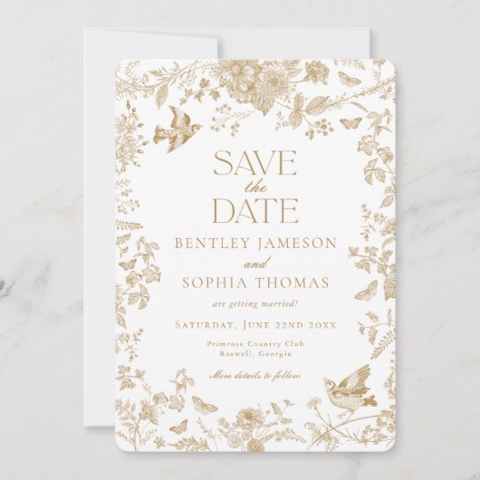 ゴールド トワール ドゥ ジュイ ヴィンテージ フラワー セーブ ザ デート 招待状 (正面)