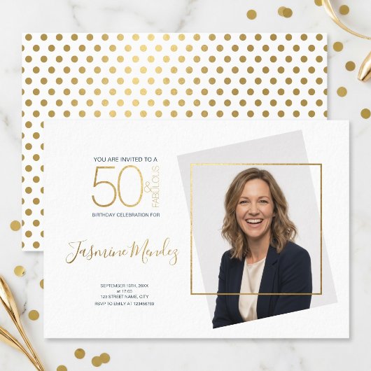 ゴールド ドット 50歳の素晴らしい誕生日フォト 招待状