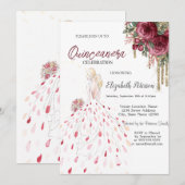 ゴールド ドリップス、ドレス、ウォーターカラー ローズ キンセアニエラ 招待状 (正面/裏面)