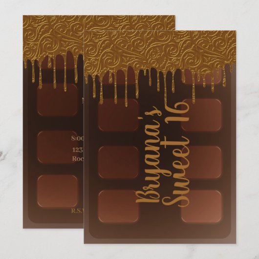 ゴールド ドリップ チョコレート キャンディーバー スウィート16 パーティー 招待状 (正面/裏面)