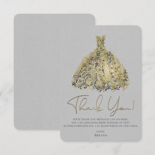 ゴールド ナチュラル グレー モダン ボタニカル ドレス サンクス 招待状 (正面/裏面)