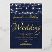 ゴールド+ネイビーのストリングライト付き結婚式RSVP 箔招待状 (正面)
