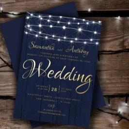 ゴールド+ネイビーのストリングライト付き結婚式RSVP 箔招待状