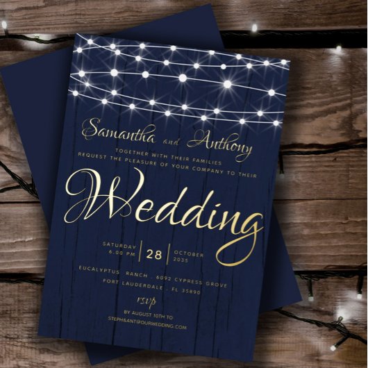 ゴールド+ネイビーのストリングライト付き結婚式RSVP 箔招待状
