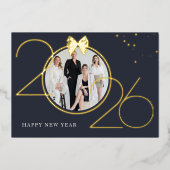 ゴールド＋ネイビーの箔押し Happy New Year グリーティングカード 箔招待状 (正面)