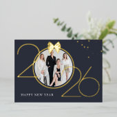 ゴールド＋ネイビーの箔押し Happy New Year グリーティングカード 箔招待状 (立ち正面)