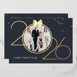 ゴールド＋ネイビーの箔押し Happy New Year グリーティングカード 箔招待状