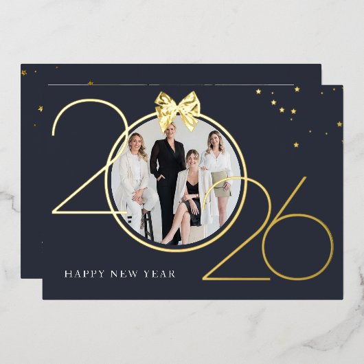 ゴールド＋ネイビーの箔押し Happy New Year グリーティングカード 箔招待状 (正面/裏面)