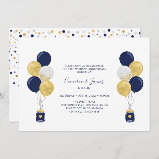 ゴールド&ネイビーバルーン 50周年結婚記念日 招待状 (正面/裏面)