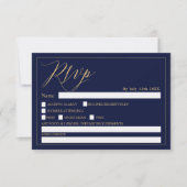 ゴールド ネイビーブルー エレガント スクリプト おしゃれな結婚式の返信 招待状 (正面)